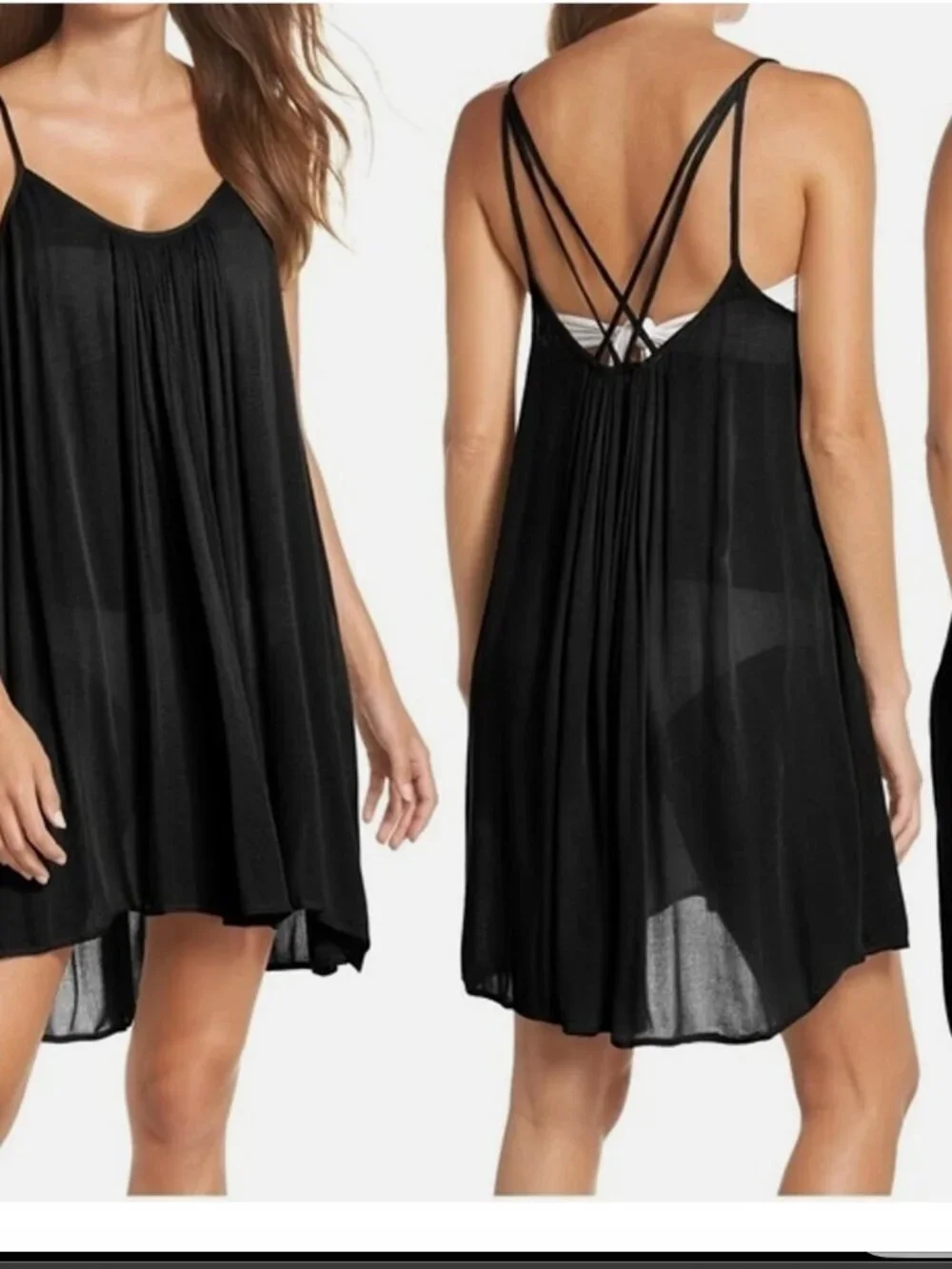 Nordstrom Elan Black Gauzy Strappy Swim Beach Cover Up Slip Dress Size Small